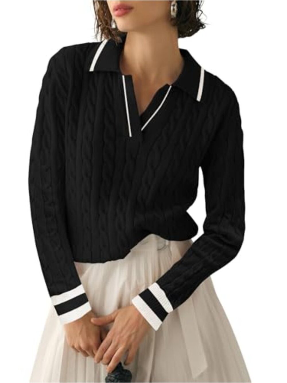 Womens Cable Knit V Neck Long Sleeve Sweater Soft Pullover Jumper Top